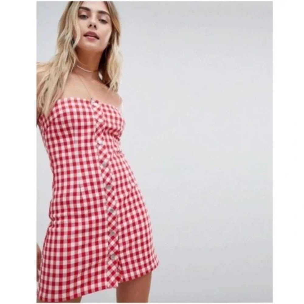 Honey Punch Red Gingham Strapless Dress